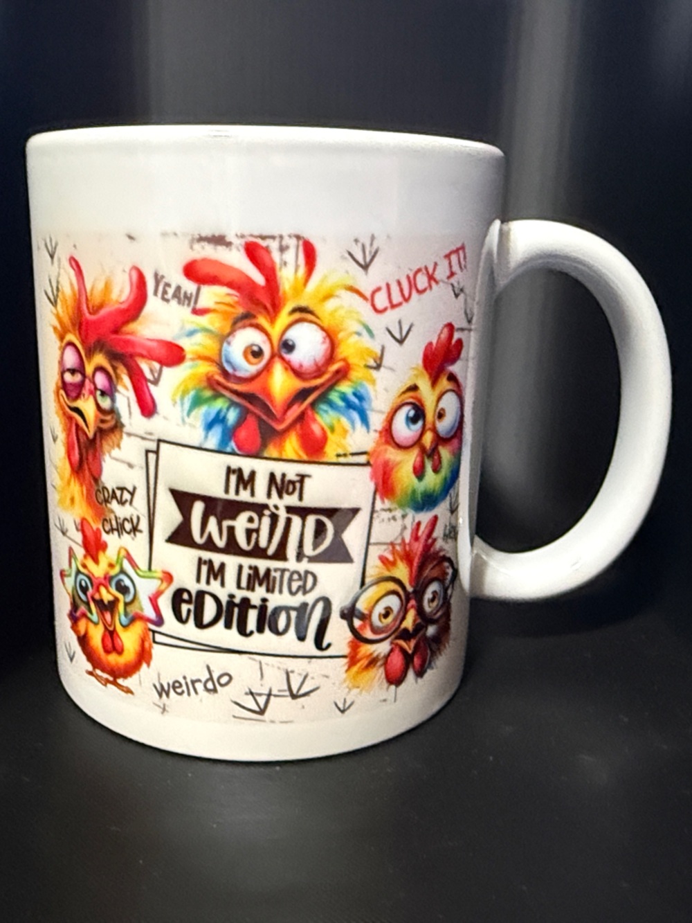 NEW 11 oz White Ceramic Mug with Colorful Cartoon Chickens